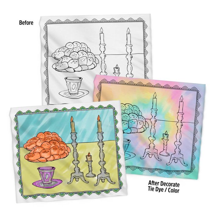 DIY Shabbos Challah Cover with candles, challah, and kiddush cup