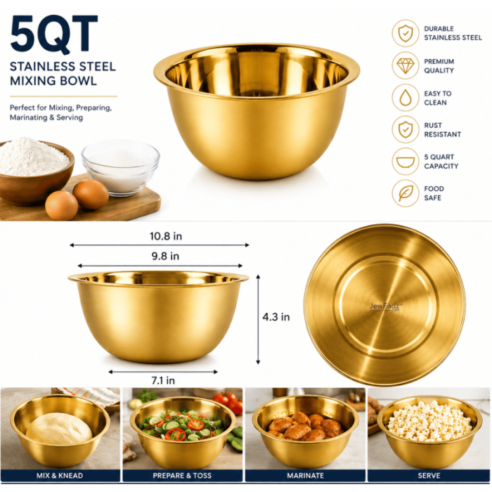 Gold stainless steel mixing bowl for baking and cooking