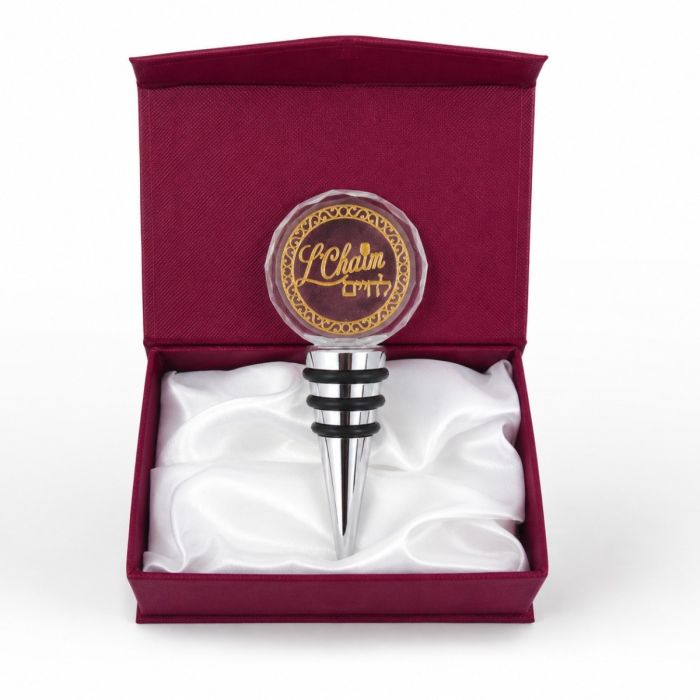 L'Chaim Crystal Wine Stopper with Burgundy Gift Box