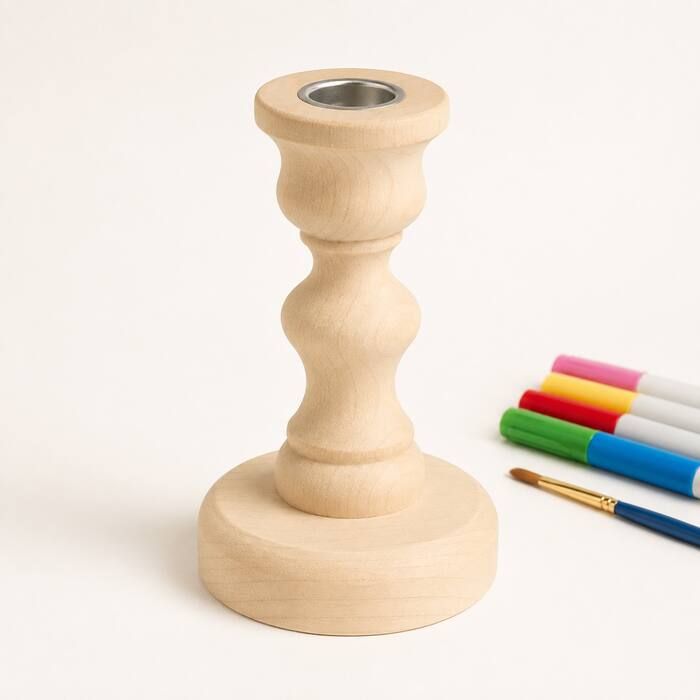 Unfinished 5-inch wooden Shabbos candlestick craft with decorating supplies