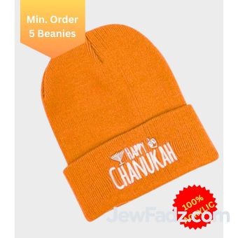 Neon Orange Happy Chanukah Beanie - Regular Embroidery [Min. 5 Beanies]