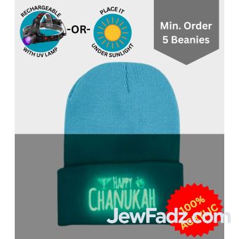 Neon Blue Happy Chanukah Beanie - Glow-in-Dark Embroidery [Min. 5 Beanies]