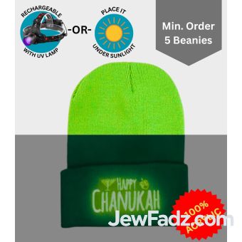 Neon Green Happy Chanukah Beanie - Glow-in-Dark Embroidery [Min. 5 Beanies]