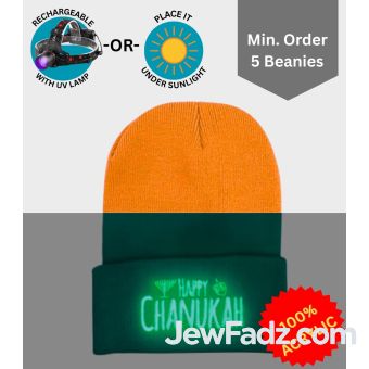 Neon Orange Happy Chanukah Beanie - Glow-in-Dark Embroidery [Min. 5 Beanies]