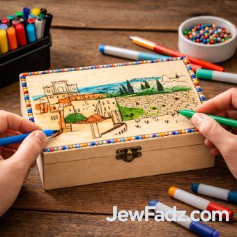Large Wooden Purim Tea Box – Jerusalem & Western Wall Design 
