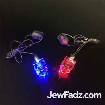 LED Light-Up Chanukah Dreidel Necklace glowing in blue and red