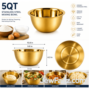 Gold Stainless Steel 5QT Mixing Bowl for Baking & Cooking