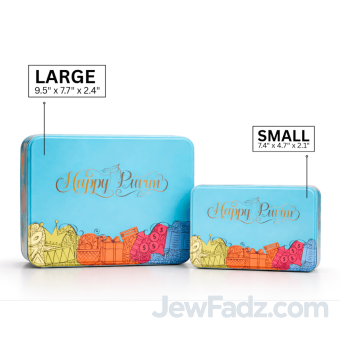 Happy Purim Shalach Manos Tin Container filled with treats, perfect for Purim gifting