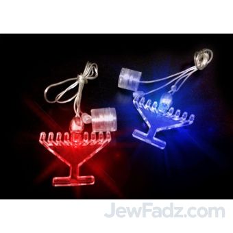 LED Light-Up Chanukah Menorah Necklace glowing in blue and red