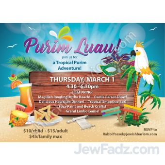 7x5 Purim Luau in Hawaii Postcard Design