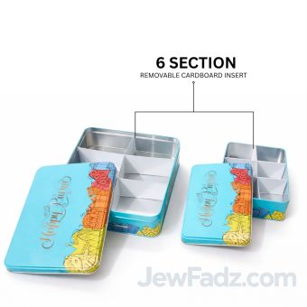 Happy Purim Shalach Manos Tin Container filled with treats, perfect for Purim gifting