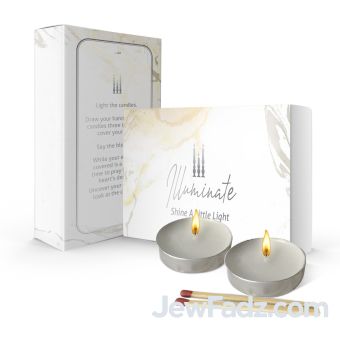 Silver White Illuminating Neshek Candlelighting Kit with 2 tealights and matches (No brachos - good for yomtov)