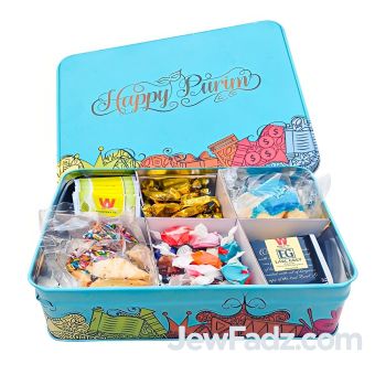 Filled Large Tin Happy Purim Tea Box - Simple Option