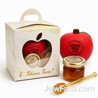 Apple-shaped Rosh Hashanah stress ball with “Wishing You a Stress-Free Year” and “L’shana Tova U’Metukah”