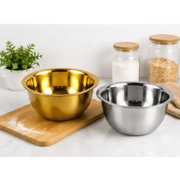 Gold and silver 5-quart stainless steel kitchen mixing bowls