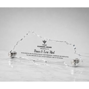 Custom Am Yisrael Chai acrylic plaque shaped like Eretz Yisroel with silver metal feet