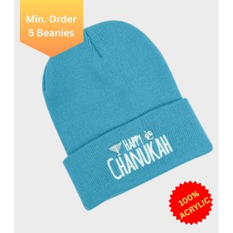 Neon Blue Happy Chanukah Beanie - Regular Embroidery [Min. 5 Beanies]