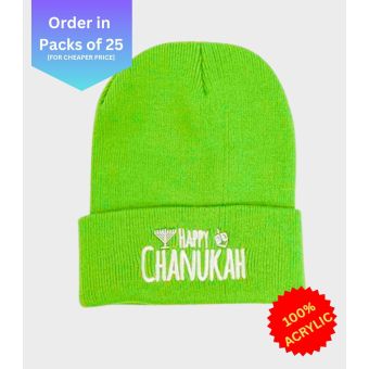 Neon Green Happy Chanukah Beanie - Regular Embroidery [Order is pack of 25]