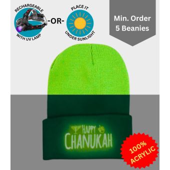 Neon Green Happy Chanukah Beanie - Glow-in-Dark Embroidery [Min. 5 Beanies]