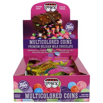 Milk Multi Colored Chocolate Coins - Paskesz Nut Free 24 bags in box