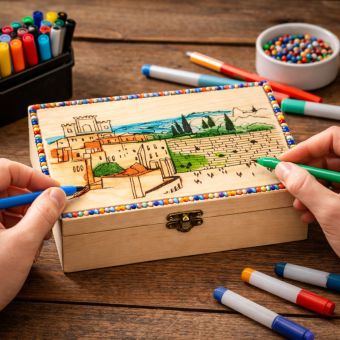 Large Wooden Purim Tea Box – Jerusalem & Western Wall Design