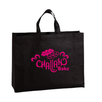 "Non-Woven Challah Bake Tote Bag in Black with Pink Lettering"