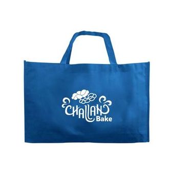 "Non-Woven Challah Bake Tote Bag in Blue with White Writing"
