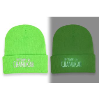 GLOW EMBROIDERY Chanukah Neon Green Beanies - ORDER IN INC OF 25