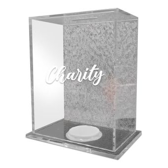 Silver Acrylic Tzedakah Pushka Box with Charity Logo