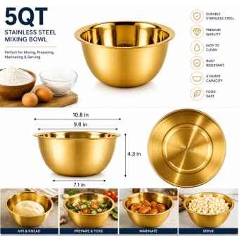 Gold Stainless Steel 5QT Mixing Bowl for Baking & Cooking