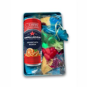 Smaller FILLED Happy Purim Shaloch Manos Tin Drink, Hamantashen, Chocolate, Mints, Jelly Beans