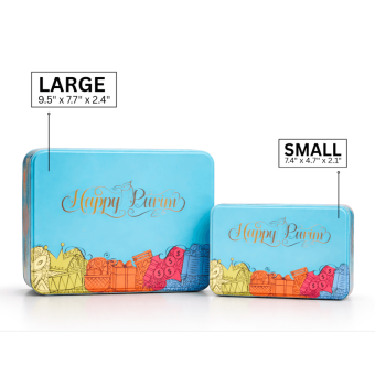 Happy Purim Shalach Manos Tin Container filled with treats, perfect for Purim gifting