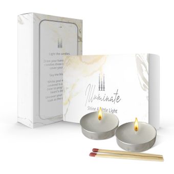 Silver White Illuminating Neshek Candlelighting Kit with 2 tealights and matches (No brachos - good for yomtov)