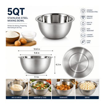 Silver Stainless Steel 5QT Mixing Bowl for Baking & Cooking