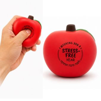 Apple-shaped Rosh Hashanah stress ball with “Wishing You a Stress-Free Year” and “L’shana Tova U’Metukah”