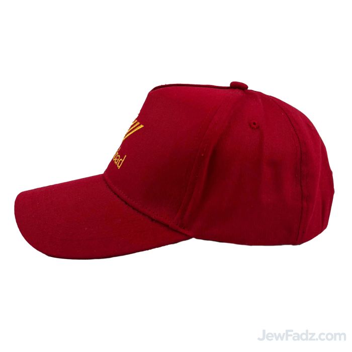 Red Chabad Baseball Cap with Golden Embroidered Menorah Logo – 100% Cotton Adjustable Jewish Cap