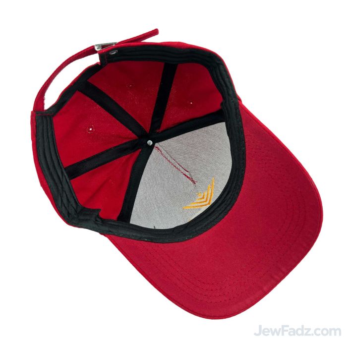 Red Chabad Baseball Cap with Golden Embroidered Menorah Logo – 100% Cotton Adjustable Jewish Cap