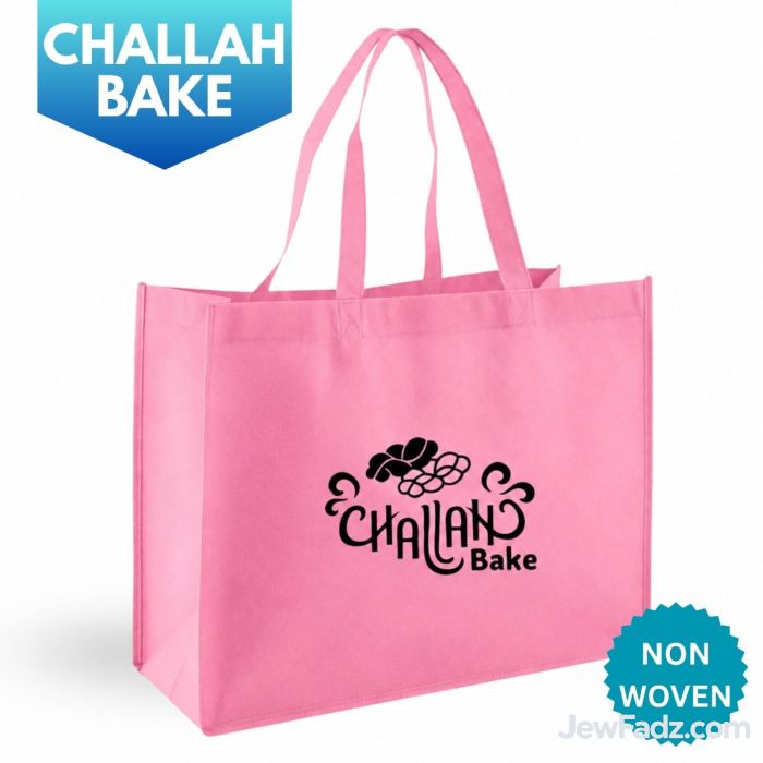 Challah Bake Nonwoven tote bag with black logo
