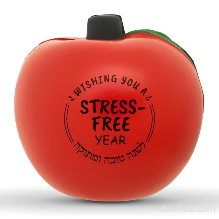 Apple-shaped Rosh Hashanah stress ball with “Wishing You a Stress-Free Year” and “L’shana Tova U’Metukah”