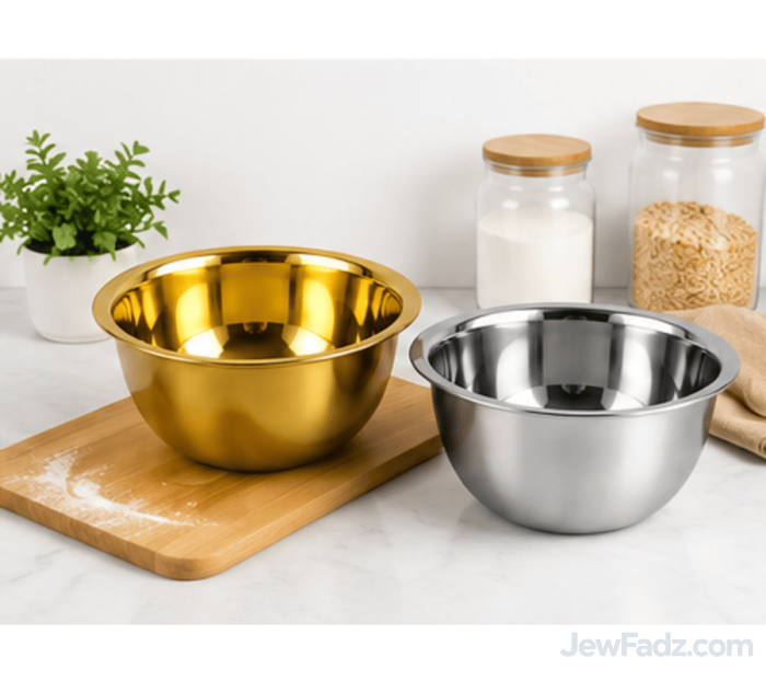 Gold and silver 5-quart stainless steel kitchen mixing bowls