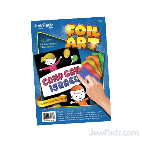Hand using foil sheets to complete a Camp Gan Israel sticker art project with colorful foil and smiling cartoon characters