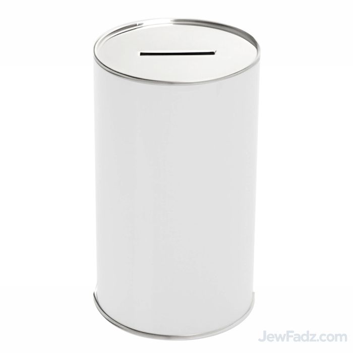 Cardboard Tube Charity Box (Tzedakah Pushka) - 3" diameter, 5" height, blank white surface, with metal top and bottom