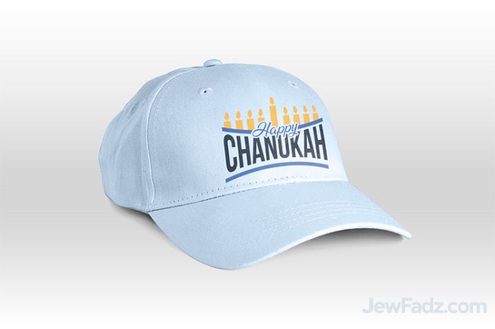 Happy Chanukah Glow-in-the-Dark Baseball Cap Light Blue with Embroidered Menorah Design