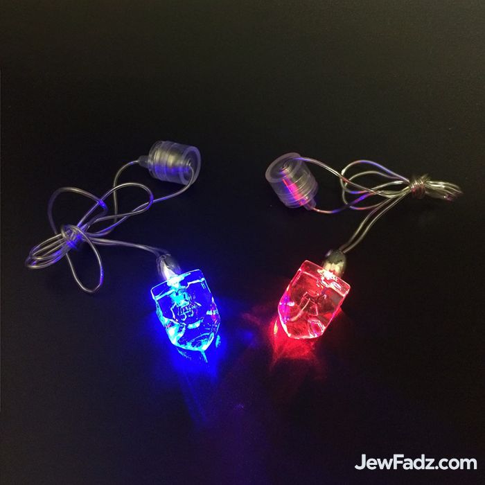 LED Light-Up Chanukah Dreidel Necklace glowing in blue and red