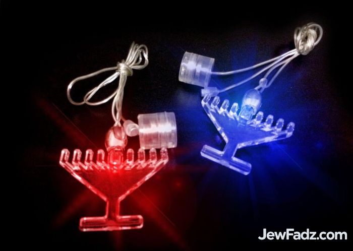 LED Light-Up Chanukah Menorah Necklace glowing in blue and red