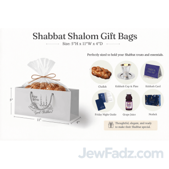 Elegant white and silver foil Shabbat gift bags in 4 sizes
